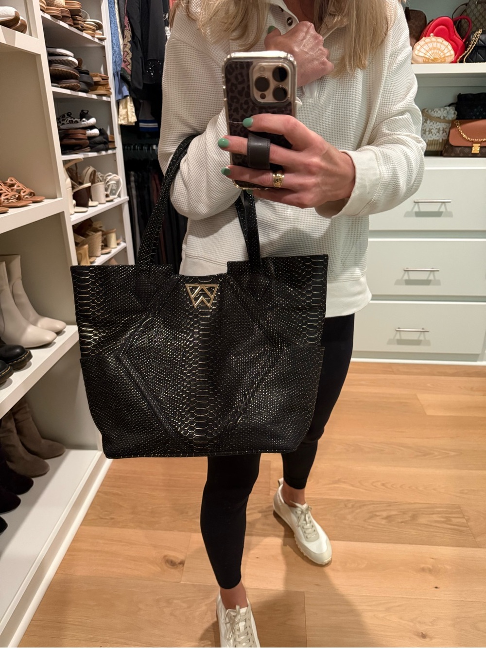 Kelly Wynne Paint The Town Black & Gold Snake Print Leather Tote Handbag
